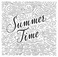 Summertime. Handwritten phrase on an abstract background of sea and sky. Black and white doodles