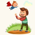 Summertime, Happy joyful child, dad fun throws up son in the air, weekend summer family activity vector illustration