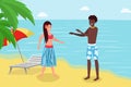 Summertime holiday at luxury tropical resort. Cute couple, girlfriend and boyfriend reaxing on seashore cartoon