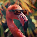 summertime holidays funny flamingo with sunglasses and tropical leaves, mem Royalty Free Stock Photo