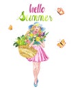 Watercolor summer illustration with young pretty girl and bouquet of wild flowers, isolated on white background. Hello summer card