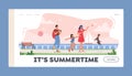 Summertime Landing Page Template. Happy Family Characters Walking along Embankment with Seaview and Floating Yacht