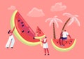 Summertime Leisure, Beach Party. Tiny Male and Female Characters with Huge Watermelon. People Enjoying Summer Vacation Royalty Free Stock Photo