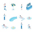 Summertime leisure isometric vector illustrations set. Tourists, bartender and waiter 3D cartoon characters. Women lying