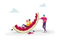 Summertime Leisure. Tiny Male Character with Huge Watermelon Enjoying Summer Vacation Holidays. People Eating, Relaxing