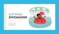 Summertime Leisure, Vacation Landing Page Template. Female Character Relax at Poolside Floating on Inflatable Ring