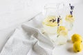 Summertime lemonade with lavender flowers in glasses and jar