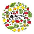 Summertime lettering and seasonal fruit background. Watermelon, pineapple, strawberry, lemon, orange fruit, cherry