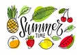 Summertime lettering and seasonal fruit set. Watermelon, pineapple, strawberry, lemon, orange fruit, cherry isolated