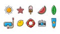 Summertime line icons set. Summer season outline symbols with color. Vacation and relax.