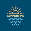 Summertime. Linear yellow sun burst and sea icons. Vector illustration, flat design