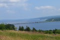 Summer in Nova Scotia: Overlooking Barra Strait Bridge and Great Bras d`Or on Cape Breton Island Royalty Free Stock Photo