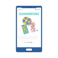 Summertime onboarding mobile phone page design, flat vector illustration.