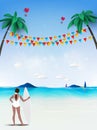 Summertime party on the tropical paradise beach. Palms and plant Royalty Free Stock Photo