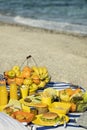 Summertime. A picnic on the beach. Burgers and pitas, vegetables