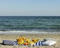 Summertime. A picnic on the beach. Burgers and pitas, vegetables and fruits. Royalty Free Stock Photo