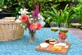 Summertime picnic in secluded backyard lush beautiful garden setting for romantic staycation date night