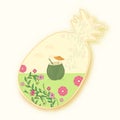 Summertime Pineapple Concept With Coconut Drink And Floral View In Sticker Style On White