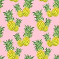 Summertime print with watercolor ripe pineapples on pink background. Hawaiian seamless pattern, fresh summer fruits