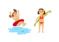 Swimming Child in Lifebuoy, Kid with Towel Wiping