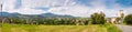 Summertime rural landscape banner, panorama - Moravian-Silesian region against the background of mountains Western Carpathians