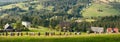 Summertime rural landscape banner, panorama - stacks of mown hay against the background of mountains Western Carpathians