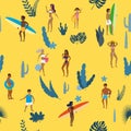 Summertime seamless pattern. People having fun on the beach, relaxing and performing summer outdoor activities at beach