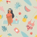 Summertime seamless pattern with pretty girl