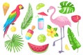 Summertime set graphic elements in flat design. Bundle of ice cream, parrot, palm leaves, lemon, lime, cocktail, flamingo,