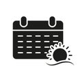 Summertime, Summer Season Silhouette Icon. Calendar with Sun Glyph Pictogram. Relaxation Period Reminder Symbol