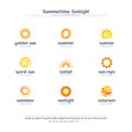 Summertime sunlight creative symbols set, font concept. Spiral sun rays, solarium abstract business logo. Summer sunrise