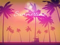 Summertime Sunset Beach Template Design Palms Banner, Flyer. Royalty Free Stock Photo