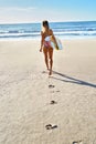 Summertime. Surfing. Summer Sport. Woman With Surfboard Running