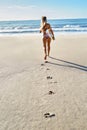 Summertime. Surfing. Summer Sport. Woman With Surfboard Running Royalty Free Stock Photo