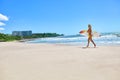 Summertime. Surfing. Summer Sport. Woman With Surfboard Running Royalty Free Stock Photo