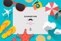 Summertime traveling template with beach summer accessories, flat design, vector illustration.