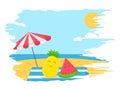 Summertime, travelling concept, beach background, shiny sun and happy pineapple and watermelon under an umbrella. Flat style