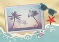 Summertime Tropical Vacation. Exotic Island with Palm Trees on tablet.