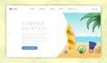 Summertime vacation landing page template. Surfing, scuba diving equipment on sandy beach. Active summer rest, seaside