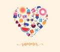 Summertime vibes heart design with cute summer beach doodles and icons. Feel the summer vector graphic elements Royalty Free Stock Photo