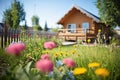 summertime view of a log cabin with a blooming garden