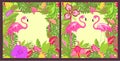 Summery floral backgrounds variation with place for text with tropical leaves, pair of lovely pink flamingo and exotic flowers for Royalty Free Stock Photo