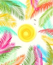 Summery poster with colorful palm leaves and sun