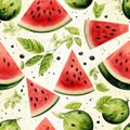 Summery print for fabric or packaging with refreshing watercolour watermelon. Seamless pattern