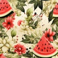 Summery print for fabric or packaging with refreshing watercolour watermelon. Seamless pattern