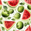 Summery print for fabric or packaging with refreshing watercolour watermelon. Seamless pattern