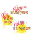 Summery prints collection with hello summer lettering, tropical flowers, sun and flamingo Royalty Free Stock Photo