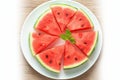 Summery refreshment Watermelon slice on white plate background, close up Royalty Free Stock Photo