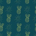 Summery seamless pattern background with pineapple and sun motifs.