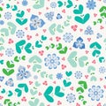 Summery seamless repeat pattern of stylized flowers and leaves. A pretty floral vector design in green, blue and pink.